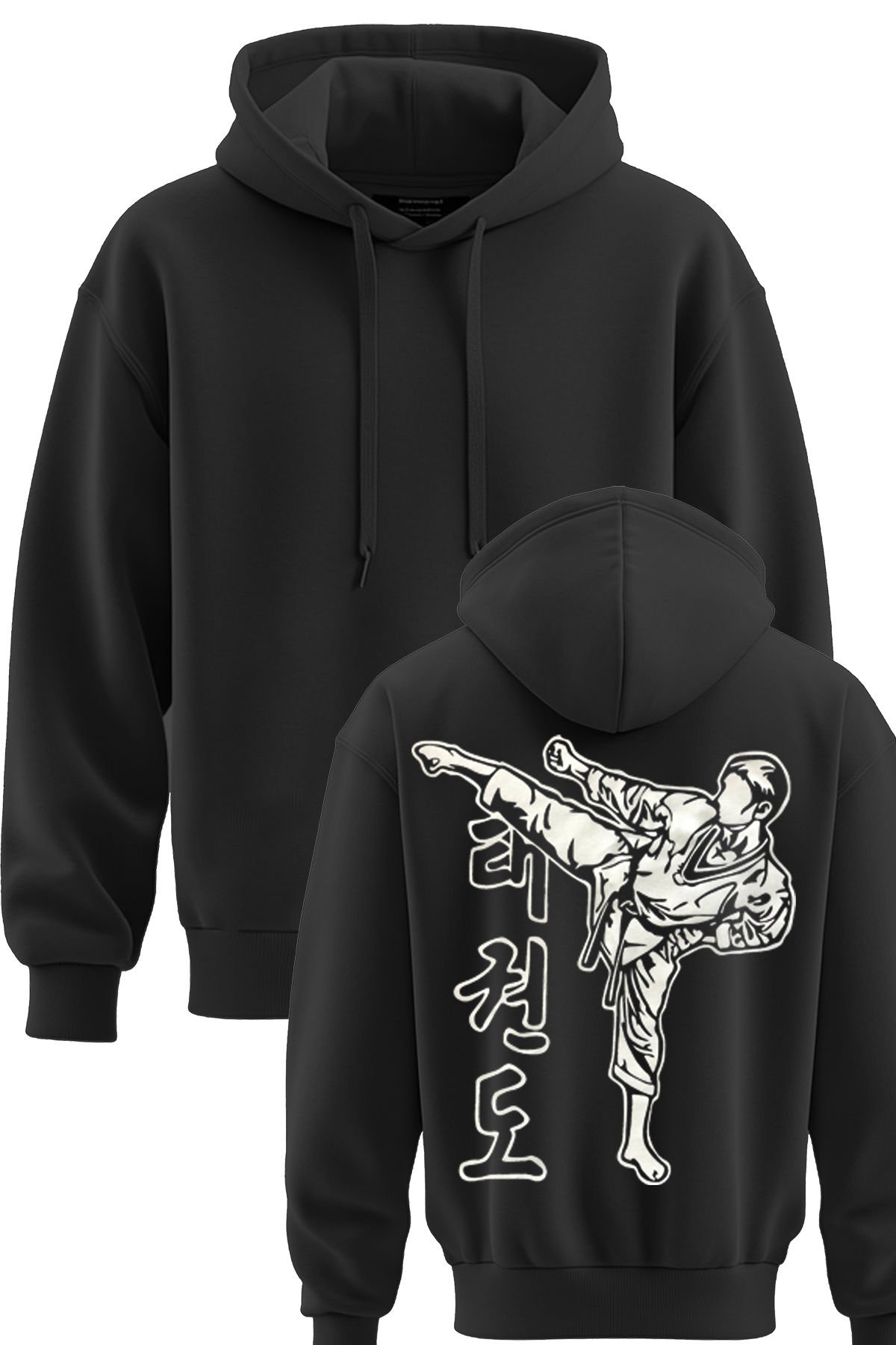 TOP GLORY Taekwondo Baskılı Siyah 3 İplik Kapüşonlu Sweatshirt Sw1002