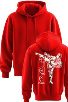 TOP GLORY Taekwondo Baskılı Kırmızı 3 İplik Kapüşonlu Sweatshirt Sw1013