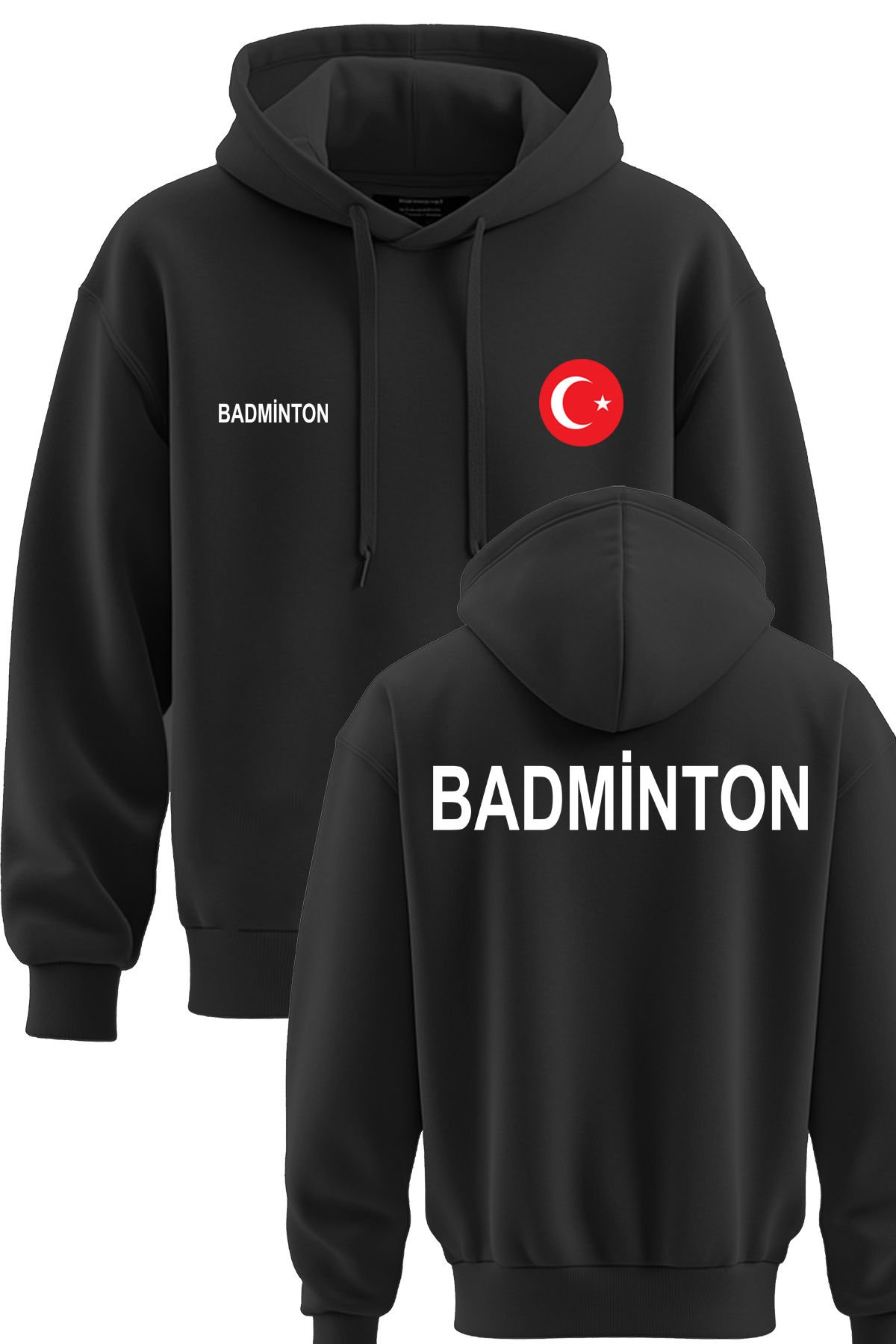 TOP GLORY Badminton Baskılı Siyah 3 İplik Kapüşonlu Sweatshirt Sr005