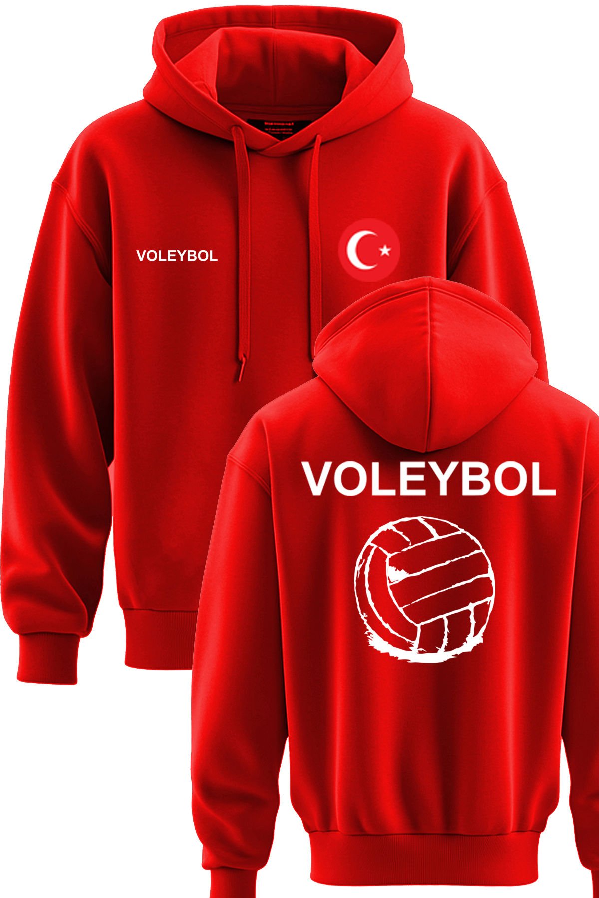 TOP GLORY Voleybol Baskılı Kırmızı 3 İplik Kapüşonlu Sweatshirt Sr022