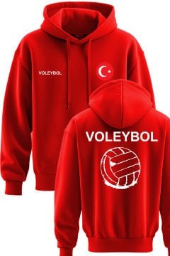 TOP GLORY Voleybol Baskılı Kırmızı 3 İplik Kapüşonlu Sweatshirt Sr022